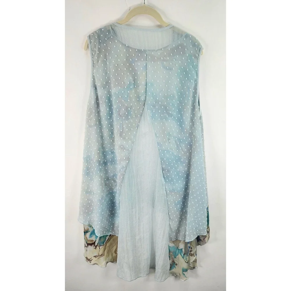 Soft Surroundings Vest Women's L/XL Blue Floral Swiss Dot Boho Romantic